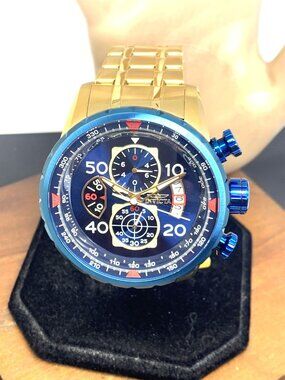 Invicta Men's Watch 19173 Aviator Quartz Chronograph Blue Dial Gold Steel 48mm